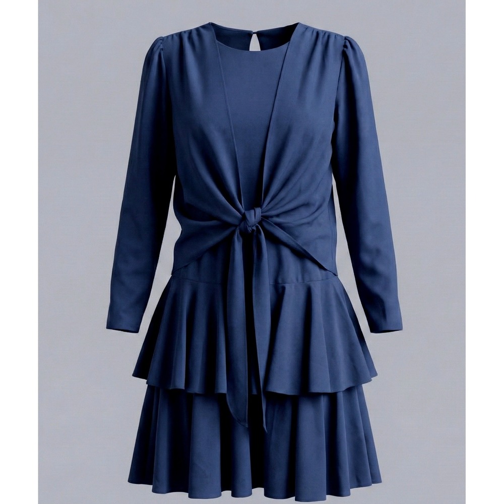 Vintage 80s T&F Blue Dress Cottagecore Ruffle Tiered Made in USA Size 12P Fits M